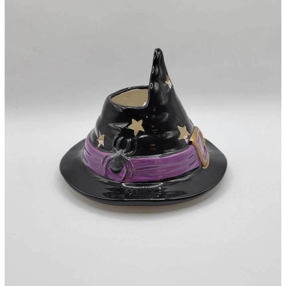 Yankee Candle Black Halloween Witch Hat Spiders Ceramic Candle Jar Topper Shade - Picture 3 of 11